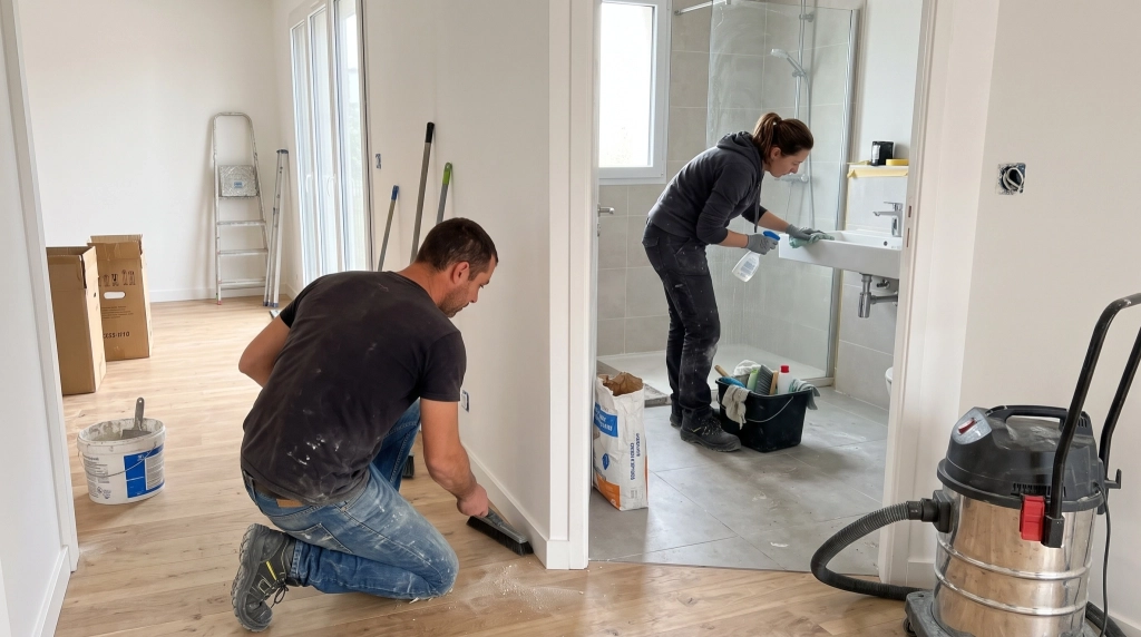 Nettoyage après travaux de rénovation : poussière de plâtre retirée d’un sol