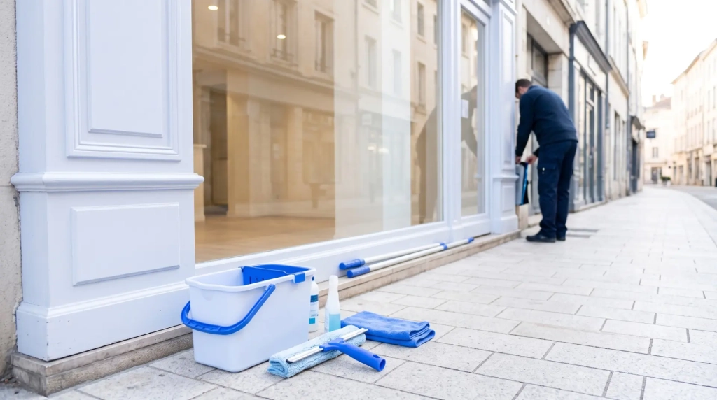 Entreprise de nettoyage de vitres dans l’Ain : raclette, mouilleur et seau professionnels