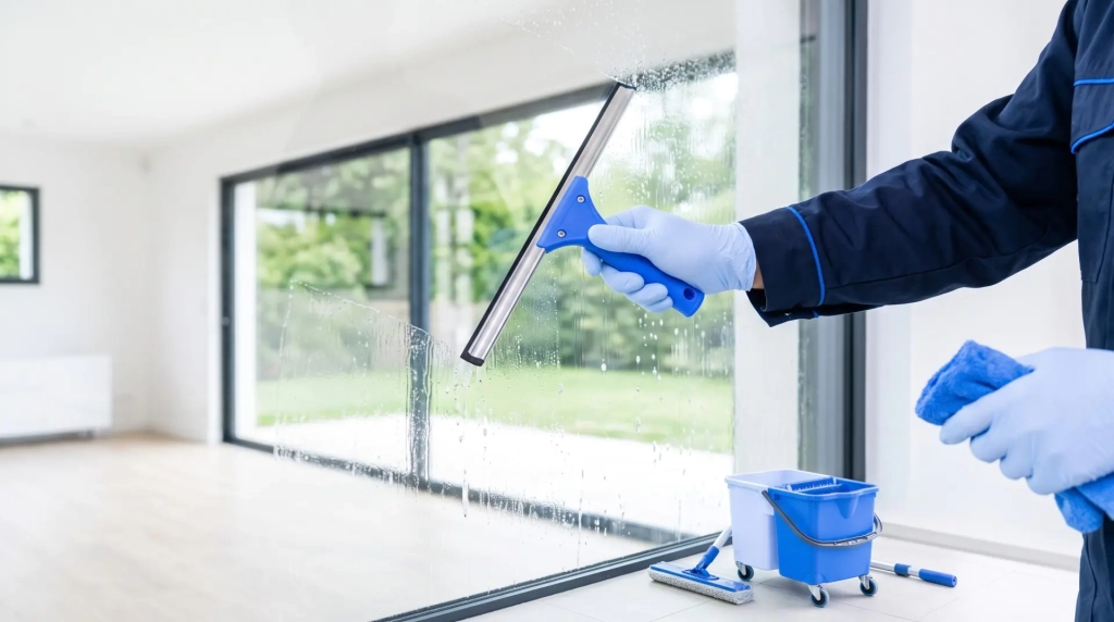 Lavage de vitres chez un particulier : baie vitrée de séjour raclée et essuyée