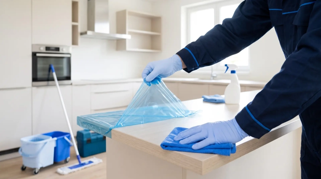Ménage après travaux dans une maison : cuisine neuve dépoussiérée et lustrée