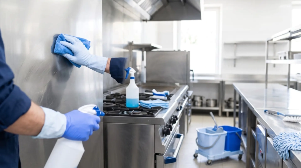 Nettoyage approfondi d’une cuisine de restaurant derrière les équipements de cuisson