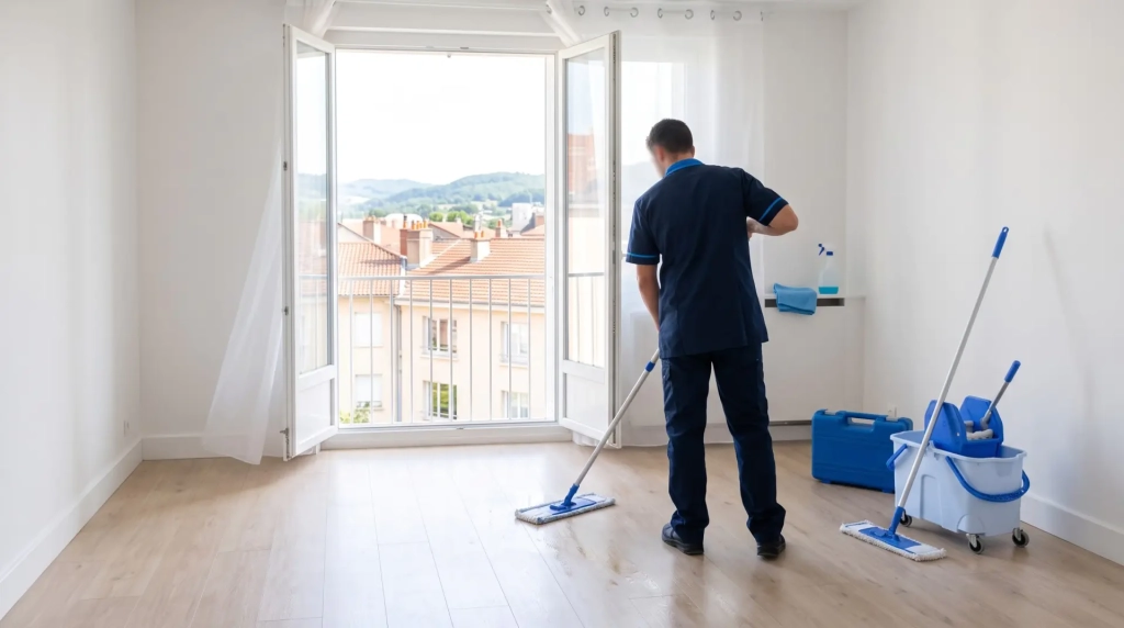 Nettoyage professionnel dans l’Ain : sol de logement lavé avant une relocation