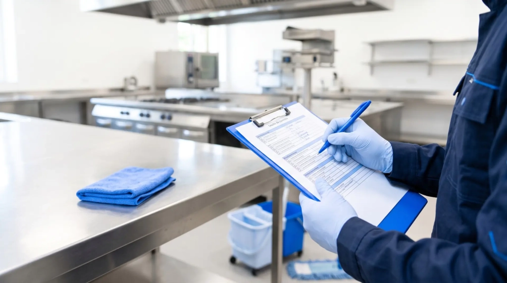 Plan de nettoyage et de désinfection HACCP consulté dans une cuisine professionnelle