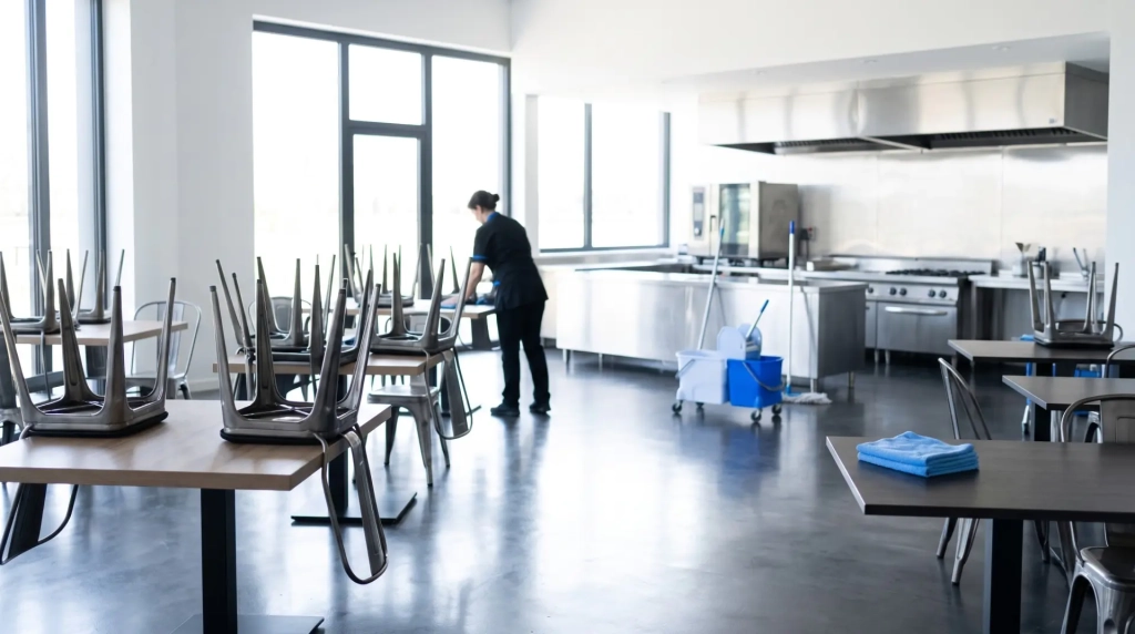Salle de restaurant propre et dressée avant le service après un nettoyage dans l’Ain