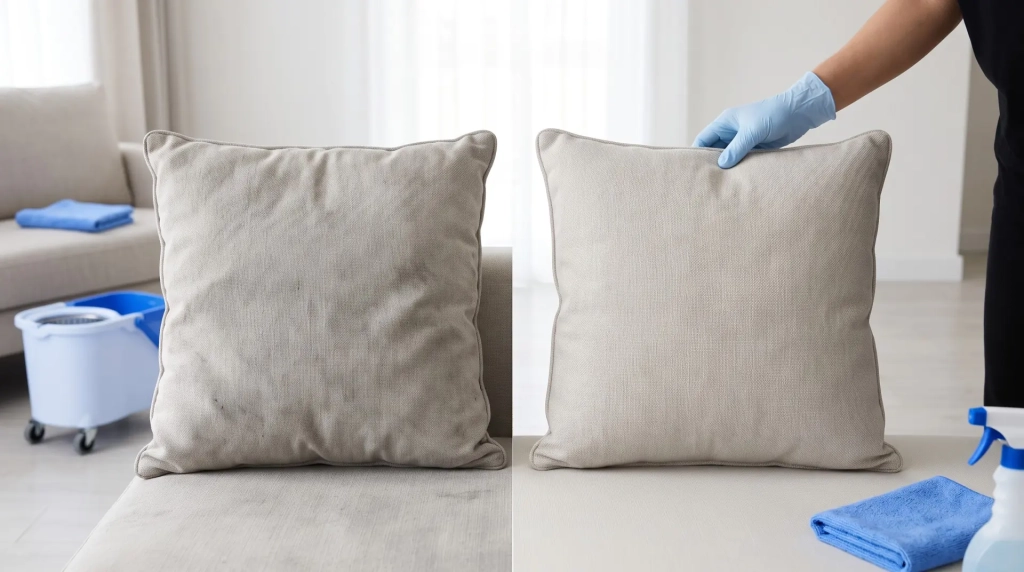 Résultat avant et après d’un nettoyage textile sur un coussin de canapé
