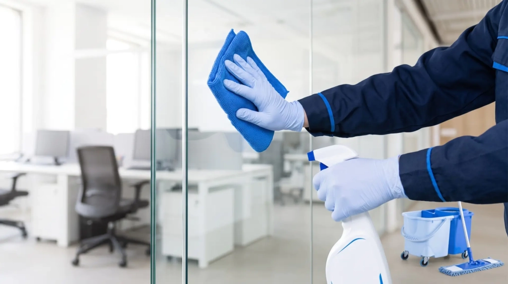 Nettoyage de vitres de bureaux pour une entreprise de l’Ain : cloison vitrée essuyée
