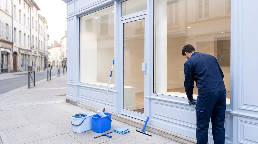 Vitrine de commerce nettoyée : devanture nette et transparente en centre-ville