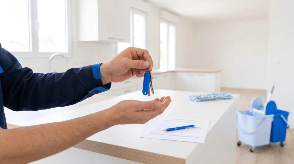 Remise des clés d’un logement nettoyé pour une agence immobilière ou un bailleur