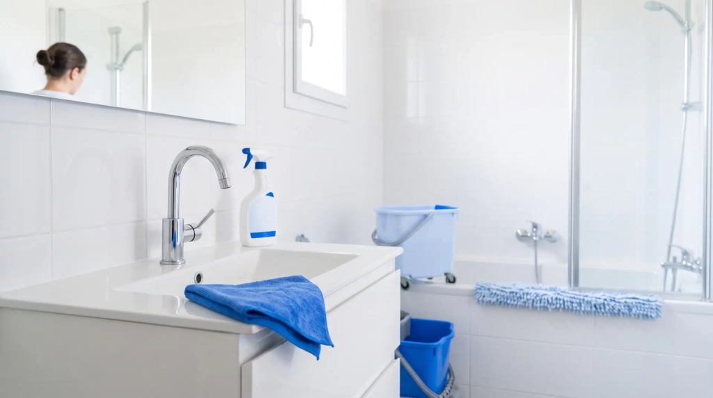 Remise en état de logement : salle de bains détartrée et robinetterie lustrée