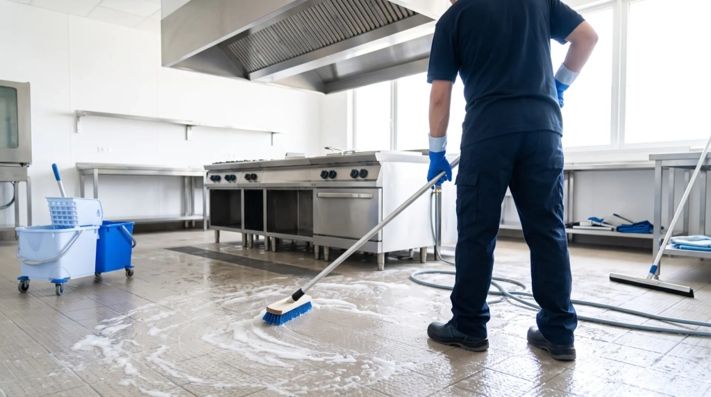 Sol carrelé et hotte en inox d’une cuisine professionnelle après un nettoyage approfondi