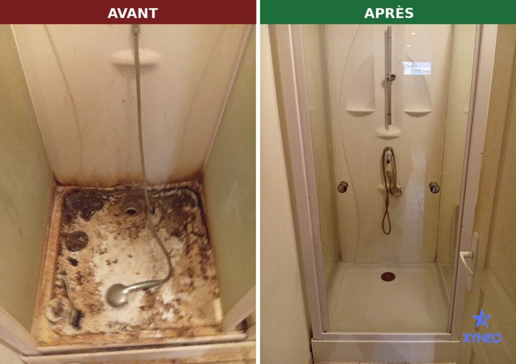 Nettoyage Diogène avant/après d'une douche par Xyneo, entreprise locale de Bourg-en-Bresse